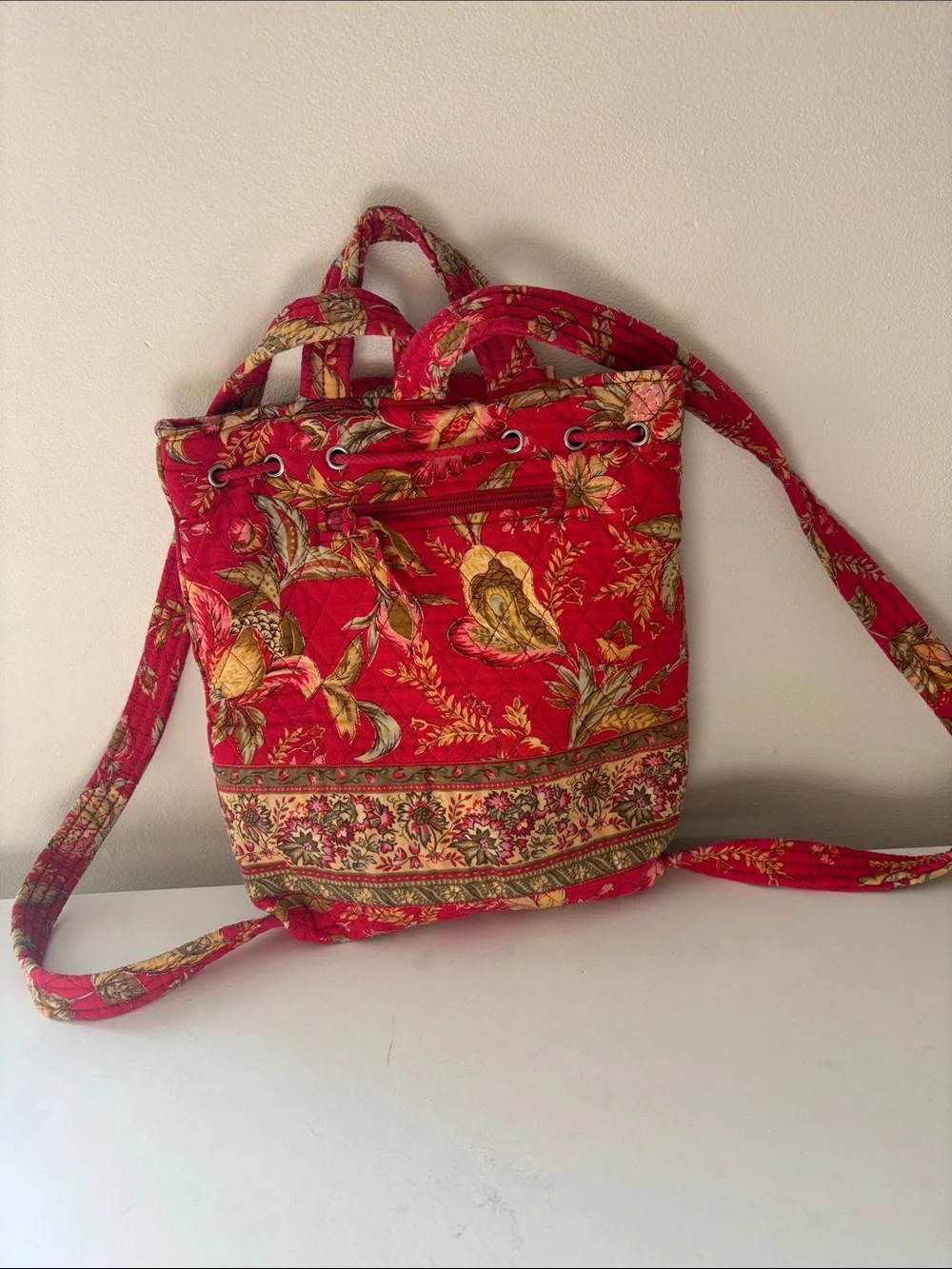 Quilted Floral Red Drawstring Backpack